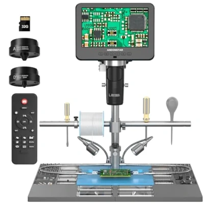 Bild av Andonstar AD246S M Plus 7 tum HDMI lödning digitalt mikroskop för elektronikreparation, 2000 x 3 objektiv 2160P UHD videobandspelare, lödmikroskopstation med hjälpande händer, myntmikroskop, 32 GB