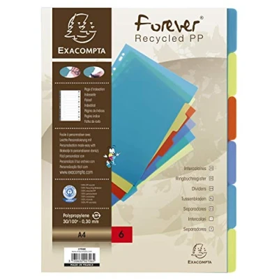 Bild av Exacompta Ref 2706E Genomskinliga avdelare i återvunnen polypropylen med 6 vanliga flikar Utskrivbar indexsida A4 arkiveringsformat Assorterade färger
