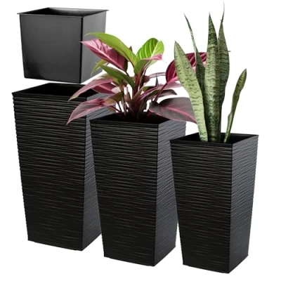 Bild av Kadax blomkruka set, av plast, väderbeständig för inomhus och utomhus, utomhusbruk, (svart set om 3)