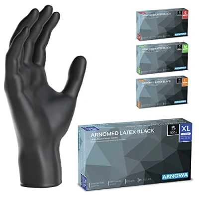 Bild av ARNOMED latex engångshandskar XL, svarta, puderfria, 100 st/ask, engångshandskar, latexhandskar finns i storlekarna XS, S, M, L &amp; XL.