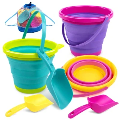 Bild av JOYIN Vikbar strandhink, set med 3 stycken hopfällbara leksakshinkar spade och nätryggsäck för barnfest, resor, fiskehink (rosa/lila/grön)