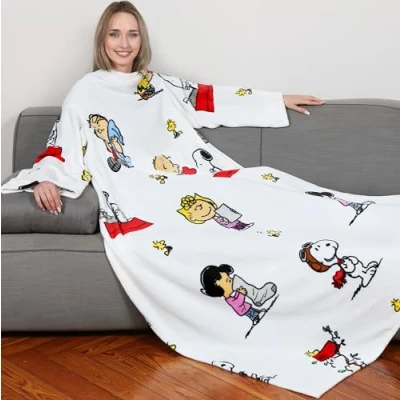 Bild av Kanguru Deluxe Peanuts, Supermjuk och mysig bärbar fleecefilt med ärmar ficka Snoopy motiv, färg grå, vuxna, en storlek 140 x 180 cm