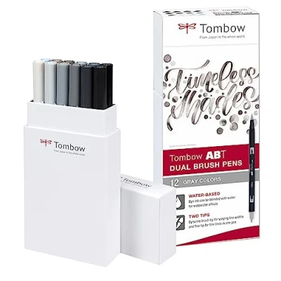 Bild av Tombow ABT dubbel pensel pennor, grå färger, penna med två spetsar, perfekt för handbokstäver och bullet journal, vattenmålad, 12P 3, set om 6