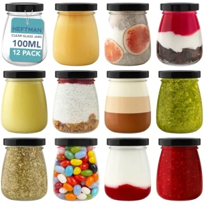 Bild av HEFTMAN små glasburkar med lock set 12 100 ml tomma lufttäta glasflaskor resestorlek läckagesäkra puddingkrukor, yoghurtkrukor, mini honungsburkar, syltburkar (100 ml)