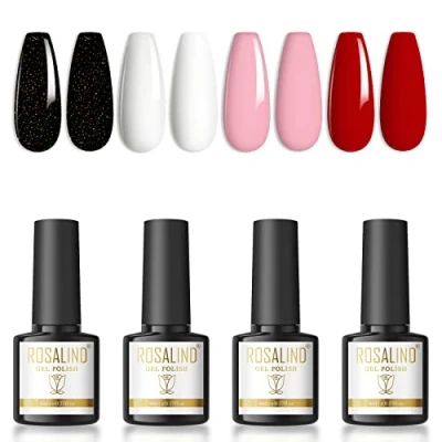 Bild av ROSALIND Gel Nagellack Svart Vit Rosa Röd Schellac Soak Off UV LED 4 Färger 8ml Lämplig för Nagelstudio, Hemnaglar och DIY