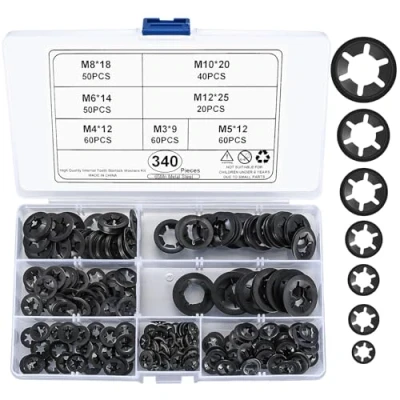 Bild av 340 delars Säkerhetsskivor, Starlock Brickor, Inre Tand Snabbspärr, Spärrringssnap Sortimentssats M3/M4/M5/M6/M8/M10/M12, Svart