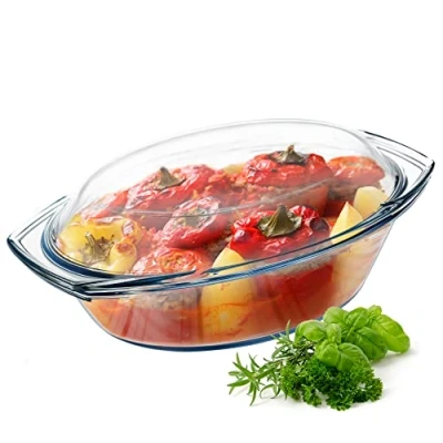 Bild av KADAX Värmebeständig glaskärl, gratinfat med lock och handtag, klassisk glasform, transparent lasagneskål, ugnsfat (oval, 2,9 l)