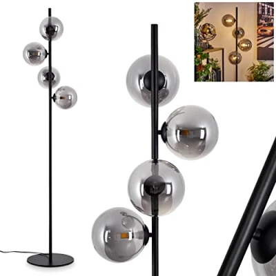 Bild av golvlampa Remaisnil, modern av metall/glas i svart/rökfärg, retro/vintage design med fotbrytare på kabeln, 4 flammor, x G9, utan glödlampor