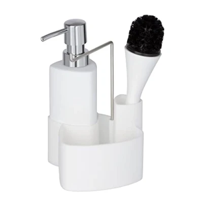 Bild av WENKO Diskset Empire, 4 i 1 diskmedelsdispenser, diskborste, disktrasa och arrangör, högkvalitativ keramik med mjuk touch yta, kapacitet 250 ml, 11 x 19 12,5 cm, vit