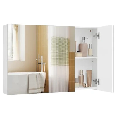 Bild av VASAGLE väggskåp för badrum, skåp med spegel, 3 dörrar, 15 x 90 60 cm, justerbart hyllplan, modernt, vitt, BBK032W01