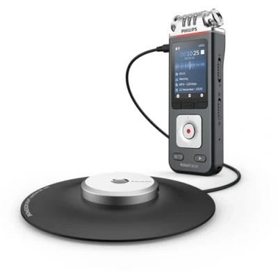 Bild av Philips VoiceTracer DVT8115 röstinspelare ljudinspelningsenhet. HiFi 360 mötesmikrofon. Sembly KI taligenkänning, sammanfattning, mötesprotokoll och att göra
