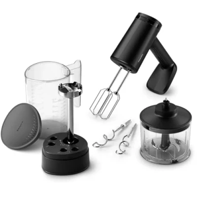 Bild av Philips Handmixer 5000 Series, 3 i 1 handmixer, kraftfull motor på 500 W, smart förvaringsbägare, fem hastighetsinställningar, stänkskydd, inklusive mixer och hacktillbehör, svart (HR3781/20)