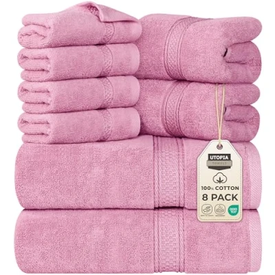 Bild av Utopia Towels 8 delade premiumhandduksset, 2 badlakan, handdukar och 4 tvättlappar, 100% ringspunnen bomull högabsorberande för badrum, gym, hotell spa (Rosa)