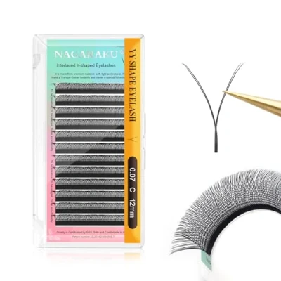 Bild av NAGARAKU YY Ögonfransförlängning Fransförlängning 4D Handvävd Cross Wispy Eyelash Volym Ögonfransar Förlängning Premade Fans Y Ögonfranskorsade Och Korsade 12 Rader Svarta(0.07 C 12mm）