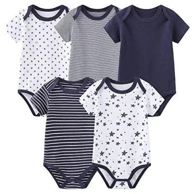Bild av Unisex bebis korta ärmar snäppbottnar tomte späckhuggare bomull kroppsdräkter, 5 pack