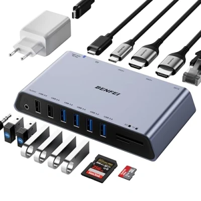 Bild av BENFEI DisplayLink 12 i 1 USB 3.0 dockningsstation universell med dubbel HDMI Display/6 x portar/SD/TF kortläsare/Gigabit Ethernet/hörlursuttag 3,5 mm hona, kompatibel Windows och Mac