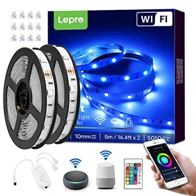 Bild av Lepro LED remsa Alexa 10 m, 2 x 5 RGB dimbar, 300 lysdioder, remsor Wifi, Wlan band, självhäftande, superljust ljusband, ljusslinga, ränder med fjärrkontroll, kompatibel Alexa, App,