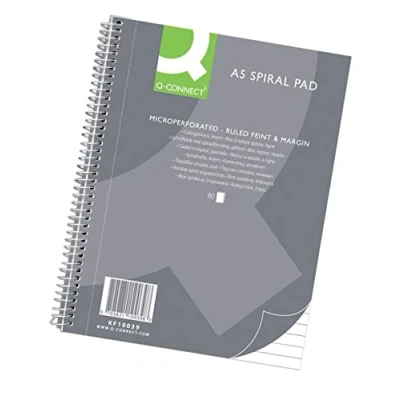 Bild av Q Connect Spiral anteckningsblock A5 linjerat/80 ark/160 sidor/anteckningsbok spiralblock collegeblock/anteckningsblock med spiralbindning/skolblock skrivblock