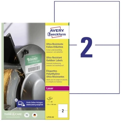 Bild av AVERY Zweckform L7916 40 slitstarka folieetiketter (80 klistermärken, 210 x 148 mm på A4, extremt stark självhäftande, för svåra ytor, tryckbar utomhus självhäftande folie) ark, vit
