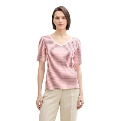 Bild av TOM Tailor MIT Vausschnitt Tshirt med print, Storlek: Small, Berry red regular stripe