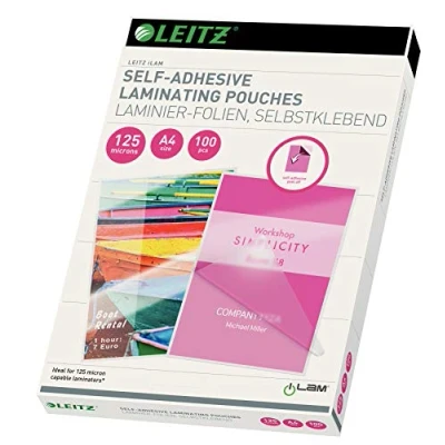 Bild av Leitz Självhäftande varmlamineringsfolier A4 125 mic, för skyltar och vägskyltar, högkvalitativa lamineringsfilmer i 100 pack, glänsande, transparent, 16925
