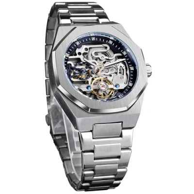Bild av Forsining Mode automatisk mekanisk armbandsur lyxig diamant turbillon skelettklockor för män silver rostfritt stål manlig klocka, SILVER, Mekanisk, klocka