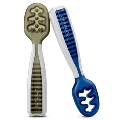 Bild av NumNum baby spoons set, Essentials Pre Spoon GoOtensils för 6+ månader, första stegen självmatande LED väven (BLW), silikonsmåbarn redskap, BPA fri, 2 pack olive/Newbury marinblå