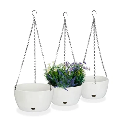 Bild av Relaxdays Blomampel med vattenbehållare, set, 3 storlekar, självbevattning, utomhus och inomhus, hängande blomkruka, vit, plast, 67 x 28,5 cm