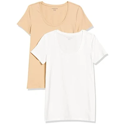 Bild av Amazon Essentials dam klassisk passform kortärmad rund hals t shirt (finns i plusstorlek), paket med 2, vit/ljus kamel, X Large