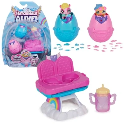 Bild av hatchimals Alive, hungrig lekset med barnstolsleksak och 2 minifigurer i självkläckande ägg, barnleksaker för flickor pojkar åldrarna 3 uppåt