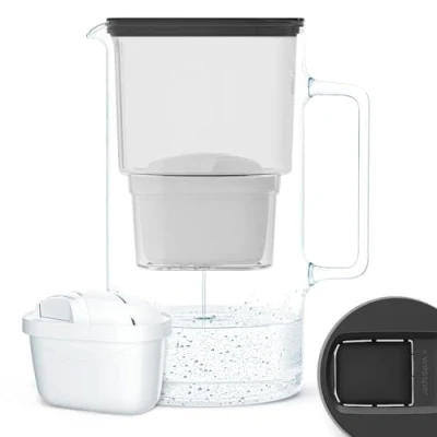 Bild av Wessper Glas vattenkanna med filter, kompatibel Brita Maxtra, 1 AQUAMAX filter ingår, minskar kalk och klor, 3 Liter, Svart
