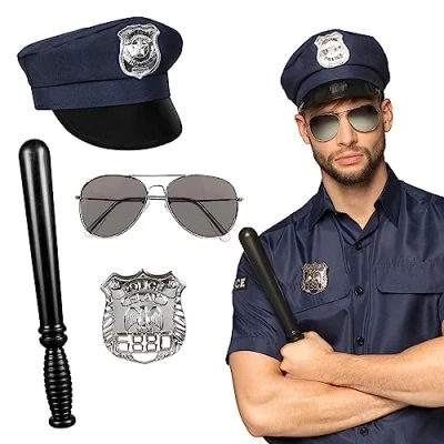 Bild av Boland 01410 polisuppsättning för kostymer, tillbehör karneval, kostymset, mössa, glasögon, märken och slagpinne, temafest, JGA