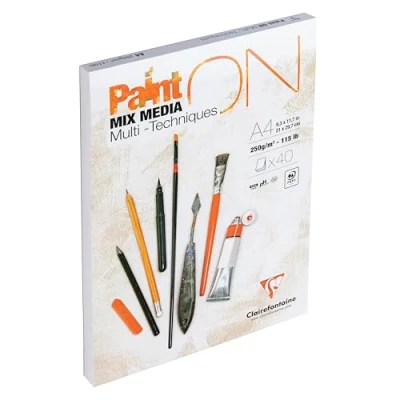 Bild av Clairefontaine 96537C PaintOn Block (250 g, 100% extra vitt cellulosapapper med lätt kornig, DIN A4, 21 x 29,7 cm, limmad, 40 ark, perfekt för multitekniker) vit
