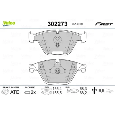 Bild av VALEO 302273 Jeu de plaquettes frein Essieu avant contact signal d&#039;usure inclus avec tôle anti bruit BMW: 5 Touring, GT, Berline