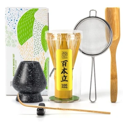 Bild av TEANAGOO matcha vispset, visp (100 spetsar) med svart hållare, 6 st traditionellt startset, skopa (chashaku), tesked, bambuchasen för att göra latte, ceremonitillbehör, Gife vän/familj