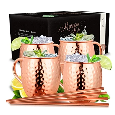 Bild av Vezato Moscow Mule mugg [500ml] hamrad kopparmugg med sugrör handgjort set [4 stycken] rostfri kopparkopp