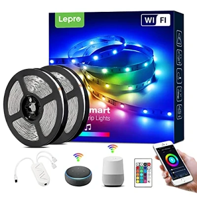 Bild av LEPRO Smart LED remsa 10 m, 5 M x 2, musikstyrning, wifi remsor, RGB dimbara, 300 lysdioder, band, självhäftande ljusband, ljuskedja med fjärrkontroll, kompatibel Alexa, App, Google