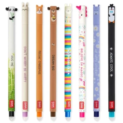 Bild av LEGAMI Uppsättning av 8 raderbara gelpennor med termokänsligt raderingsbläck, utbud bläckfärger och cylinderdesign, 0,7 mm spets, kanin, lejon, corgi, panda, pingvin, lama, flodhäst, hajdesign