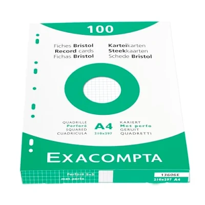 Bild av Exacompta Ref 13606E Bristol Squared Record Cards (Pack of 100) A4 in Size, 205gsm Card, Compatible with Printers Suitable for Exam Revision &amp; Notes White