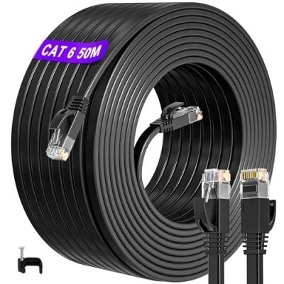 Bild av 50 m/164 ft platt Ethernet kabel, CAT.6 m nätverkskabel (RJ45) hög hastighet 10/100/1000 Mbit/s patchkabel UTP kompatibel med CAT.5 / CAT.5e/CAT.7