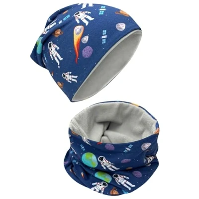 Bild av HECKBO barn Beanie vintermössa &amp; halsduk set Astronaut 2 6 år 95% Bomull med fleece mössa Höst Vår Vinter