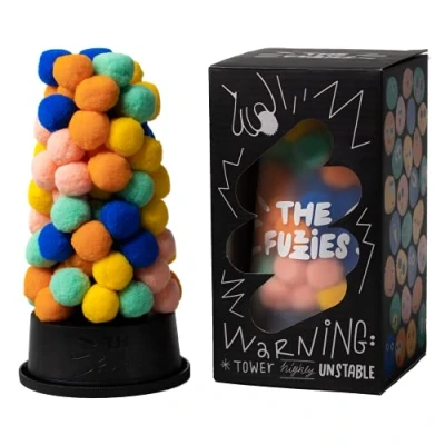 Bild av CMYK The Fuzzies Quick Game of Balance, kombinerar små pompombollar med kul gravitationstrotsar torn, tävlingsspel för åldrarna 6 till vuxna, stör inte tornet
