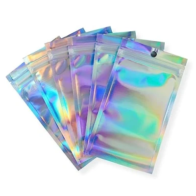 Bild av Rimiko 150 st Mylar Zip Påsar med Fönster, Lufttät Påse av Aluminiumfolie, Återförslutningsbara Holografiska Ziplock för Förpackning, Matförvaring (Holografisk, 7x10 cm)