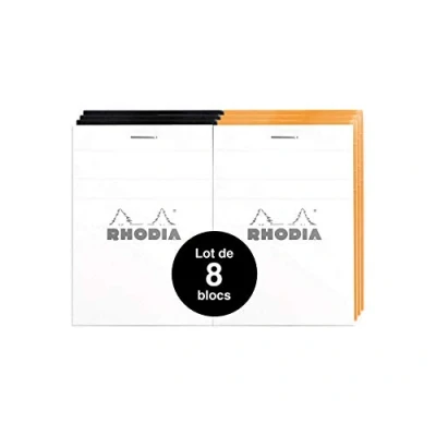 Bild av Rhodia 112019AMZC förpackning med 8 anteckningsblock DIN A7, 7,4 x 10,5 cm, rutig, 80 ark, g, flexibel och slitstark, stycken, orange/svart