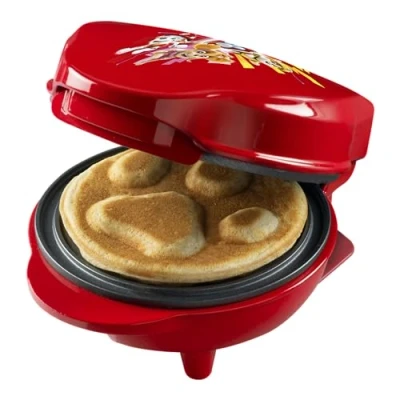 Bild av Bestron Paw Patrol våffeljärn, Mini våffeljärn med unik design Patrol, perfekt för barns födelsedagar, påsk och jul, bakningsindikator, Ø10 cm, officiell licens, färg: Röd