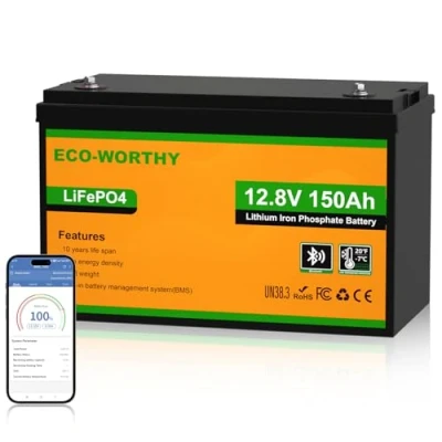 Bild av ECO WORTHY LiFePO4 Bluetooth 150 Ah 12 V batteri med 120 A BMS lågtemperaturskydd och upp till 15 000 cykler, 1920 Wh litiumbatteri för husbil, husvagn, båt, solsystem komplett set