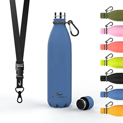 Bild av Daikoku Stainless Steel Bottle + Justerbar rem karbinhake, BPA Free Double Walled Thermos, återanvändbar vattenflaska, lufttät lock, färg blå, kapacitet 750 ML