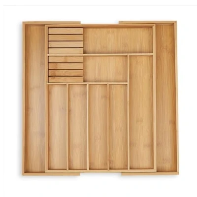 Bild av Relaxdays Besticklåda, utdragbar, 79 fack, H x B D: 5,5 45 44,5 cm, lådinsats, 2 knivblock, bambu, natur