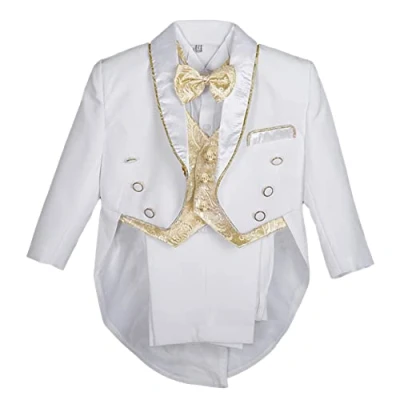 Bild av Lito Angels Bebisar Pojkar Smoking Bröllop Kostym &amp; Blazers, Dop Formell Outfit 5 Stycken Set med Guld Jacquard Väst, Ålder 12 18 månader, Vit