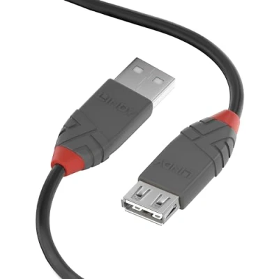 Bild av Lindy USB 2.0 typ A förlängningskabel 3 m, hane till en honkabel, dataöverföring kompatibel för skrivare, PC, bärbar dator, skanner, kamera, tangentbord, hårddisk, disk, Anthra Line svart